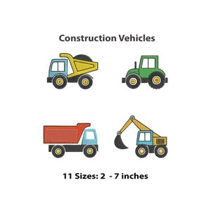 May include: An illustration of four construction vehicles: a blue and yellow dump truck, a green tractor, a red and blue dump truck, and a yellow excavator. The text "Construction Vehicles" is above the images. The text "11 Sizes: 2 - 7 inches" is below the images.