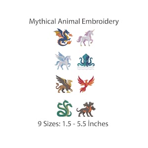 Peut inclure: Ensemble de broderies Mythical Animal Embroidery représentant huit créatures dont un dragon, une licorne, un pégase, un kraken, un griffon, un phénix, une hydre et un cerbère. Le texte indique Mythical Animal Embroidery et 9 Sizes: 3,8 - 14 cm.
