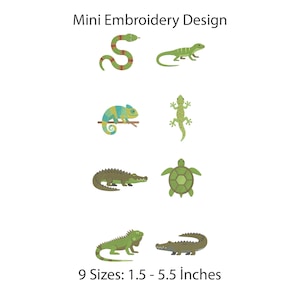 Puede incluir: Mini Embroidery Design con ocho ilustraciones de reptiles y anfibios verdes, incluyendo una serpiente, lagarto, camaleón, gecko, cocodrilo, tortuga, iguana y caimán. El texto dice Mini Embroidery Design y 9 Sizes: 3.8 - 14 cm.