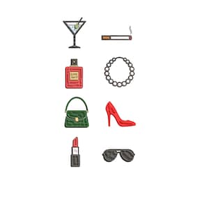 May include: An embroidery design featuring eight icons: a martini glass with an olive, a cigarette, a red perfume bottle, a beaded necklace, a green handbag, a red high-heeled shoe, a tube of red lipstick, and black aviator sunglasses.