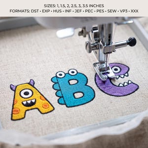 Fun monster font alphabet for embroidery machines, complete A-Z set in Pes/Jef/Vp3, instant download and ready to stitch