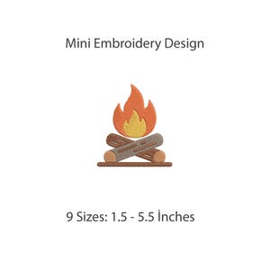 Campfire mini embroidery design for caps, patches and tote bags, a small camping bonfire motif in 9 sizes from 1.5 to 5.5 inches