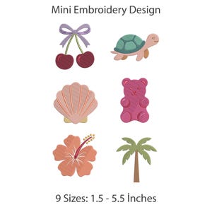 Mini Tropical Sweet Treats Embroidery Design Bundle, 6 Icons Patches, Cherries, Turtle, Hibiscus, DST PES Files