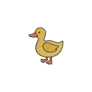 Könnte beinhalten: Ein gestickter Aufnäher, der eine gelbe Ente mit orangefarbenem Schnabel und orangefarbenen Schwimmfüßen zeigt. Das Design ist mit einem dicken schwarzen Faden umrandet und zeigt eine einfache Entenfigur mit rundem Kopf, Auge und Flügel.