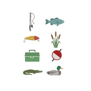 Puede incluir: Ilustraciones con temática de pesca sobre un fondo blanco. Las imágenes incluyen una caña de pescar, un pez, un señuelo, juncos, una caja de aparejos, una boya, un caimán y un pato. La paleta de colores es principalmente verde, amarillo, rojo y gris.