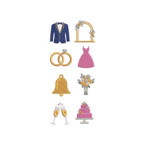 May include: Embroidered wedding-themed icons on a white background. Includes a navy blue suit with a bow tie, a gold arch with flowers, gold wedding rings, a pink dress, a gold bell, a bouquet, champagne glasses, and a tiered cake.