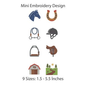 Horse Riding Mini Embroidery Design 8 Icons Horse Head, Horseshoe, Bridle, Riding Helmet, Stirrup, Saddle, Barn, Trail Patches PES File