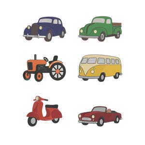 May include: A collection of six embroidered vehicle designs including a dark blue sedan, a green pickup truck, an orange tractor, a yellow camper van, a red scooter, and a maroon convertible car, all featuring detailed stitching and outlines.