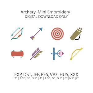 May include: A set of archery-themed mini embroidery designs. The image features a bow, arrow, target, quiver, arm guard, feather, sight, and bow. Text on the image reads "Archery Mini Embroidery DIGITAL DOWNLOAD ONLY" and sizes from 5 cm to 17.8 cm.