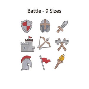 May include: A collection of nine cartoon illustrations of medieval battle items. The items include a shield, helmet, sword, castle, bow and arrow, crossed axes, another helmet, a flag, and a torch. The text "Battle - 9 Sizes" is at the top.