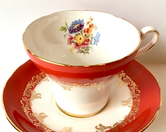 Royal Grafton Red Floral Teacup and Saucer: Gold Filigree Bone China