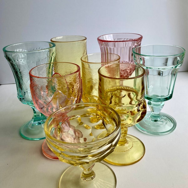 Pretty Vintage MCM Goblets Spring Table Pastel Yellow, Green, Pink Glassware Tiffan Franciscan, Indiana Glass, Rare L.G. Wright Cottage Core