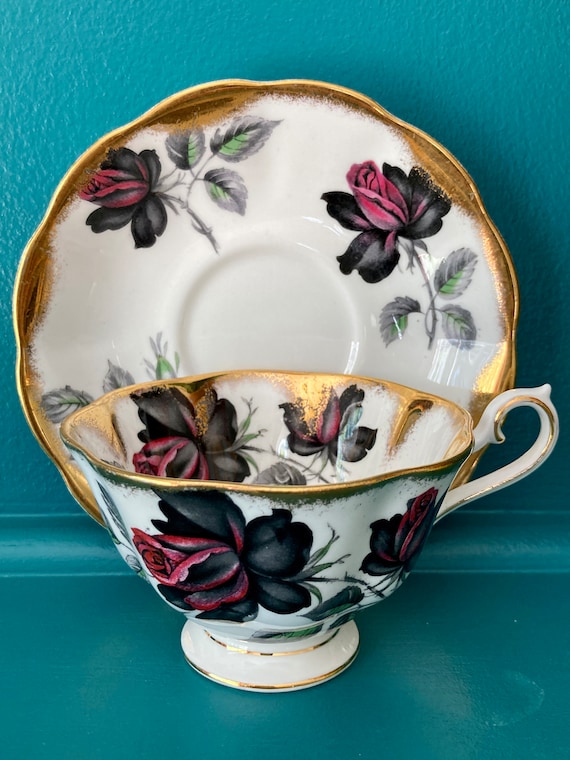 Vintage Royal Albert Masquerade Teacup and Saucer: Black Red Roses, Avon Shape