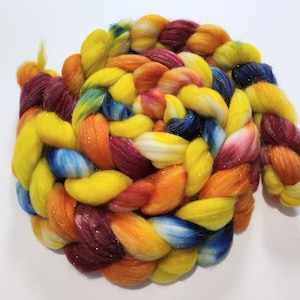 GLASS GARDEN 4oz braid of 84/16 Superwash Merino/gold stellina hand-dyed spinning fiber/roving/combed top