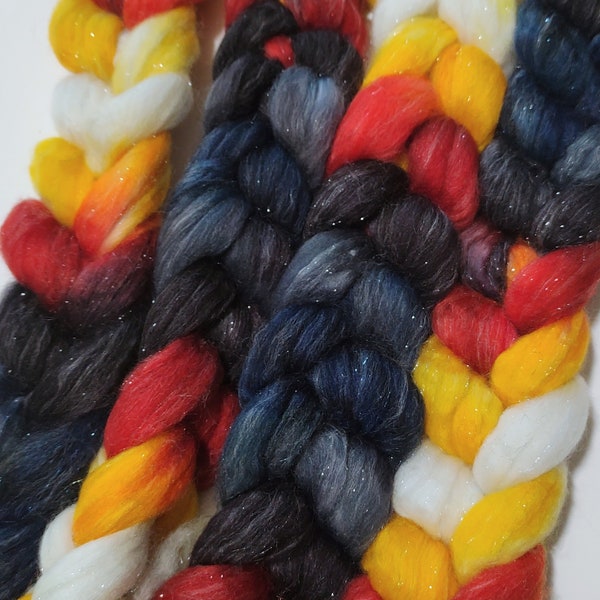 QUASAR 4oz braid of 84/16 Superwash Merino/silver stellina hand-dyed spinning fiber/roving/combed top