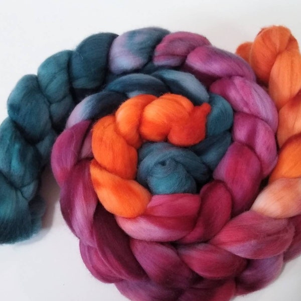 JEWELED SUNSET 4oz braid of 100% Superfine Merino Wool hand-dyed spinning fiber/roving/combed top