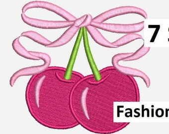 Arquivo digital de fita rosa fofa com laço de cerejas para bordado à máquina, 7 tamanhos, design de laço de fita coquete de cerejas, download instantâneo
