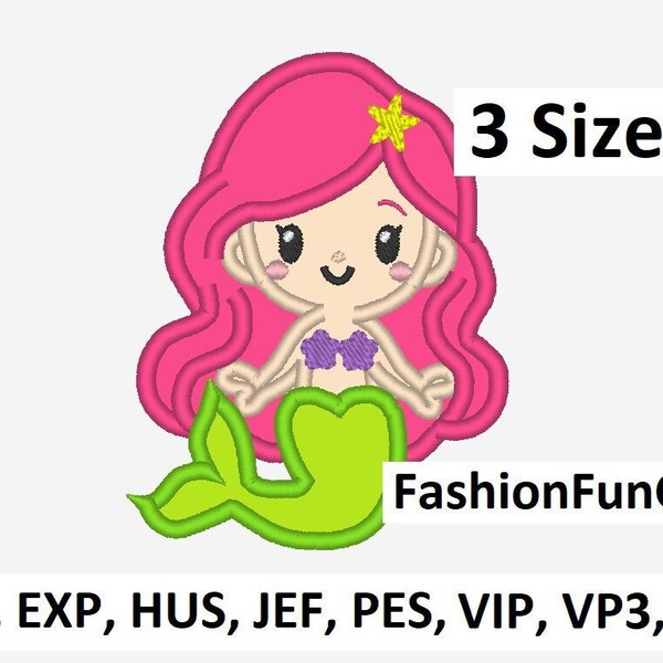 Mermaid Applique Embroidery Design Girl 3 Size Machine Embroidery Digital File Pattern Embroidery Design, Instant Download