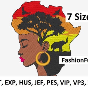 Machine borduurwerk Afrika kaart godin zwarte vrouw safari melanine digitaal bestand ontwerp landschap Afro vrouw gezicht, 7 maten direct downloaden
