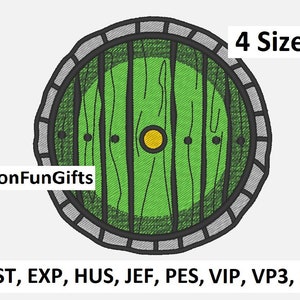 May include: Green round door with a yellow knob, surrounded by a gray stone frame. The door is made of wood planks with a wood grain texture. The image includes the text "FashionFunGifts" and "4 Sizes".
