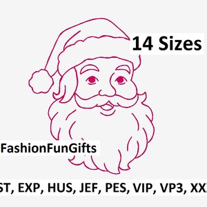 Può includere: Un disegno a tratto magenta di Babbo Natale con cappello e barba. Il testo "14 Taglie" è sopra l'immagine. Il testo "FashionFunGifts" è sotto. Sotto, il testo recita "DST, EXP, HUS, JEF, PES, VIP, VP3, XXX".