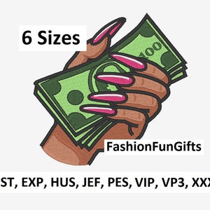Mano di donna nera che tiene soldi Banconota da 100 dollari Ricamo a macchina 6 misure File digitale Design per unghia lunga, download immediato