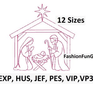 Op de afbeelding: Een lijntekening van een kerststal met de tekst "12 Maten" en "FashionFunGifts". De afbeelding toont Maria en Jozef met het kindje Jezus in een kribbe, onder een ster. De afbeelding bevat ook de tekst "DST, EXP, HUS, JEF, PES, VIP, VP3, XXX".