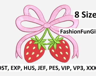 Strawberry Ribbon Machine Embroidery Design: Coquette Bow (Digital File)