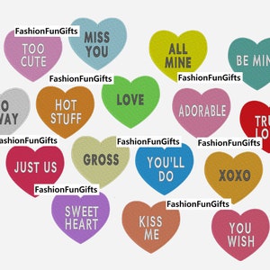May include: A collection of 14 heart-shaped candy conversation hearts with various colors and messages, including "Miss You", "All Mine", "Be Mine", "Go Away", "Hot Stuff", "Love", "Adorable", "True Love", "Just Us", "Gross", "You'll Do", "XOXO", "Sweet Heart", "Kiss Me", and "You Wish".