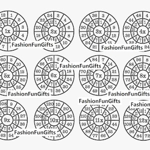 May include: A set of ten gray circles with numbers and text. Each circle has a number from 1 to 12 around the outside, and a number from 1 to 12 in the center. The text "FashionFunGifts" appears below each circle.