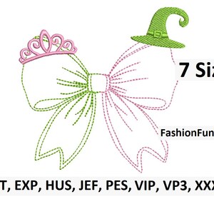May include: An embroidered design of a bow, with a pink tiara on one side and a green witch hat on the other. The text "7 Sizes" and "FashionFunGifts" are also present. Suitable for embroidery projects.