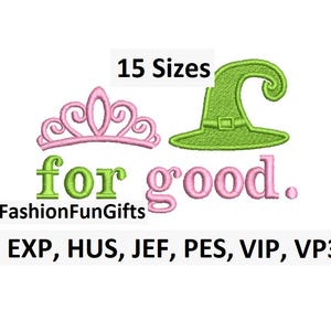 Pode incluir: Imagem com uma tiara rosa e um chapéu de bruxa verde, com o texto "15 Sizes" acima. As palavras "for good." estão em verde e rosa. O texto "FashionFunGifts" está abaixo.