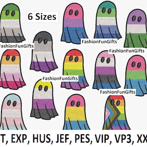 May include: An assortment of embroidered ghost designs, each featuring a different LGBTQ+ pride flag pattern. The ghosts have black oval eyes and are labeled with "FashionFunGifts". The image also includes the text "6 Sizes" and embroidery file formats.