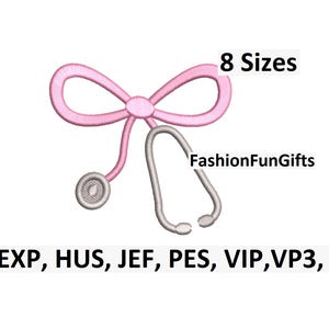 Peut inclure: Un motif de nœud rose et de stéthoscope. L'image comprend le texte "8 Tailles" et "FashionFunGifts". En dessous se trouvent les lettres "DST, EXP, HUS, JEF, PES, VIP, VP3, XXX".
