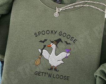 Embroidered Silly Goose Halloween Sweatshirt, Witchy Martini Lover Crewneck, Goose Lover Sweater, Girly Halloween Gift, Spooky Goose Shirt