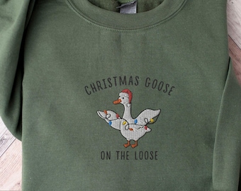 Silly Goose Embroidered Christmas Sweatshirt, Holiday Sweater, Funny Goose Lover Gift,Xmas Goose Crewneck,Christmas Lights Santa Goose Shirt