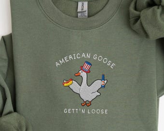 Lustiges amerikanisches Sweatshirt mit gestickter Gans, Geschenk zum 4. Juli, Pullover für Gänseliebhaber, patriotisches Geschenk zum Unabhängigkeitstag