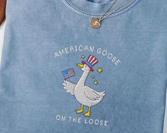 Besticktes T-Shirt mit lustigem Gänsemotiv zum 4. Juli, witziges Gänse-T-Shirt für Gänseliebhaber zum 4. Juli, patriotisches Geschenk zum Unabhängigkeitstag in bequemen Farben