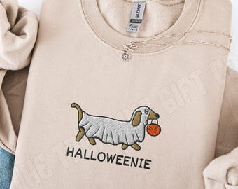 Embroidered Dachshund Halloween Ghost Sweatshirt Funny Wiener Sweater Doxie Mom Gift Weenie Dog Sweater Spooky Season Halloweenie Shirt