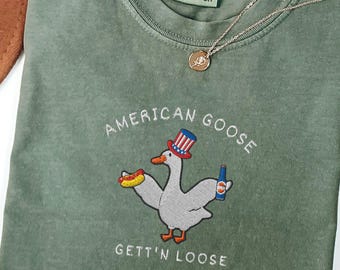 Embroidered Silly Goose Funny American Shirt, Fourth Of July Gift 4th Of July Goose Lover Tee Independence Day Comfort Colors Patriotic Gift