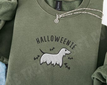 Embroidered Dachshund Halloween Ghost Sweatshirt Funny Wiener Sweater Doxie Mom Gift Weenie Dog Sweater Spooky Season Halloweenie Shirt
