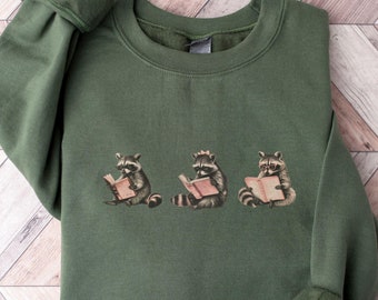 Funny Raccoon Bookish Gift,Vintage Raccoon Sweatshirt, Book Lover Crewneck, Bookworm Racoon Lovers Sweater, Silly Meme Shirt,Librarian Gift