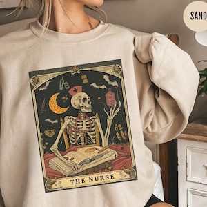 Funny Skeleton Nurse Sweatshirt, Tarot Card Lover Nurse Graduate Gift, Nursing School Crewneck, Spooky Nurse Shirt for Nursing Student