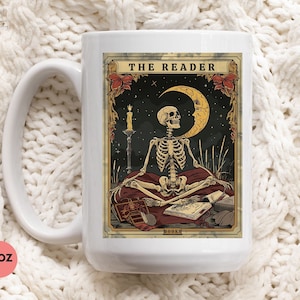 Der Leser Tarot Skelett Lesebecher, Girly Buchliebhaber Geschenk, Romanze Leser Kaffeetasse, süßes Buch-Liebhaber Geschenk, Bücherwurm Teetasse, würzige Bücher