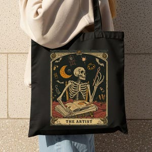 Artist Tote Bag, Skeleton Tarot Card Art Teacher Gift, Painter Shopping Bag