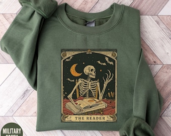 The Reader Tarot Card Shirt, Skeleton Reading Sweatshirt, Unisex Tarot Card Shirt, Book Lover Gift, Bookish Sweater, Bookworm Crewneck