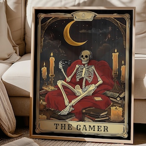 Art mural de jeu, impression de cartes de tarot The Gamer, impression de jeu vintage, art de jeu vidéo squelette, décor Dark Academia, décoration de chambre Witchy dortoir