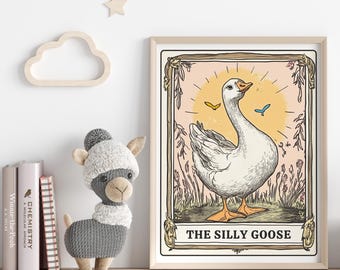 Silly Goose Print, Cute Goose Tarot Card Poster For Nursery, Farm Animal Coquette Room Decor, Pink Girl's Room Goose Wall Art