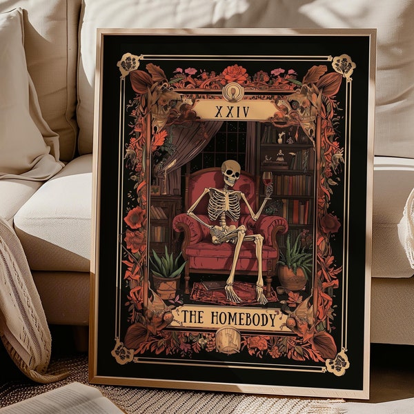 The Homebody-tarotkaart, The Homebody Club-print, sarcastische skeletprint, spookachtige print, woonkamerprint, Witchy Home Decor