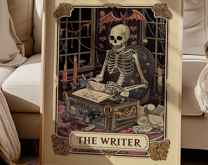 Writer Gift Tarot Card Print, Author Gothic Aesthetic, Witchy Home Decor, Literary Gift for Poet, Skeleton Lovers Wall Art, Typewriter Art